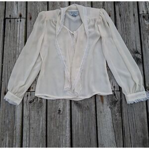 Vintage Nancy Johnson For Prisma Blouse Top Whimsy Boho Lace Oatmeal Embroidered